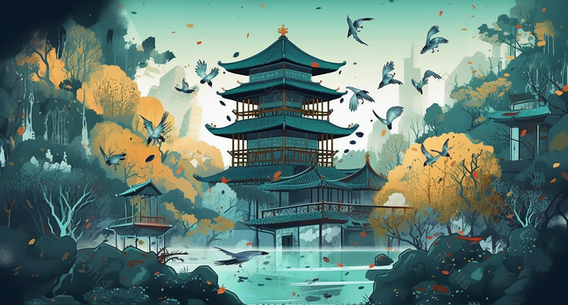 鸟群湖畔阁楼建筑亭子中国风国潮风墨绿色插画,插画/手绘图,插画/手绘图库,插画/手绘图下载,插画/手绘